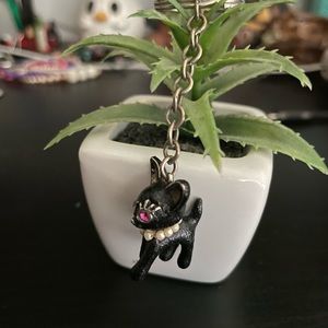 Betsey Johnson black cat keychain with faux Pearl collar